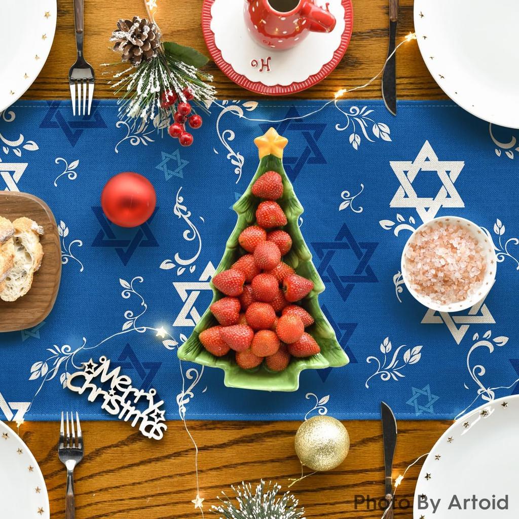 Artoid Mode Blue Hexagram Hanukkah Table Runner, Star of David Je Menorah Passover Holiday Kitchen Dining Table Decoration for Indoor Outdoor Home