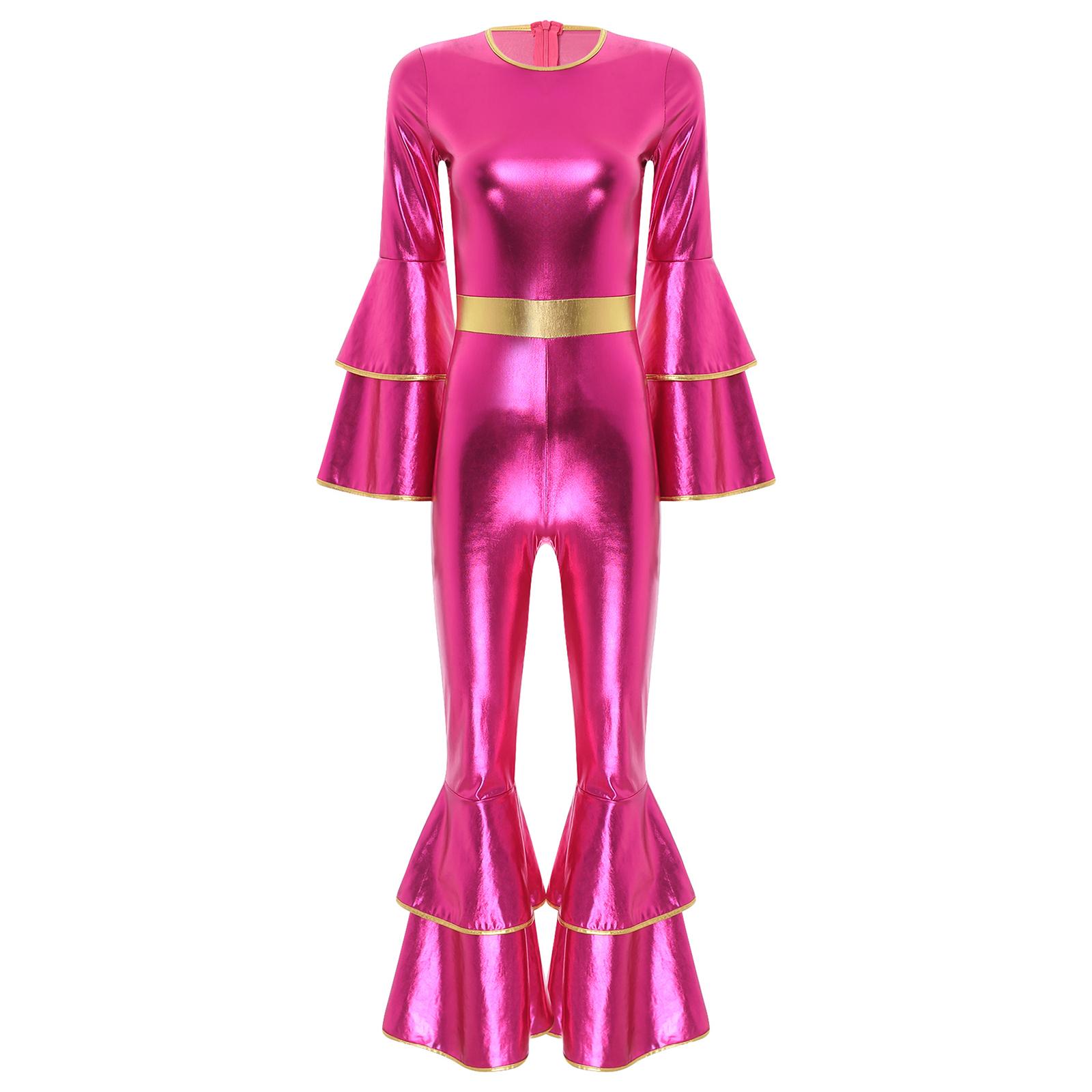 

Womens 70s Disco Costume Metallic Shiny Jumpsuit Tiered Flare Sleeve Bell Bottom Hippie Romper One Piece Dancewear S гарячі рожевого кольору