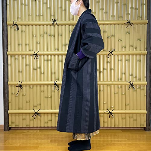 [momoten] [Amazon Exclusive Brand] Original Mizuyagi Kimono (Workwear, Samue, Haori, Bathrobe, Apron) Black Stripes, 120cm Long