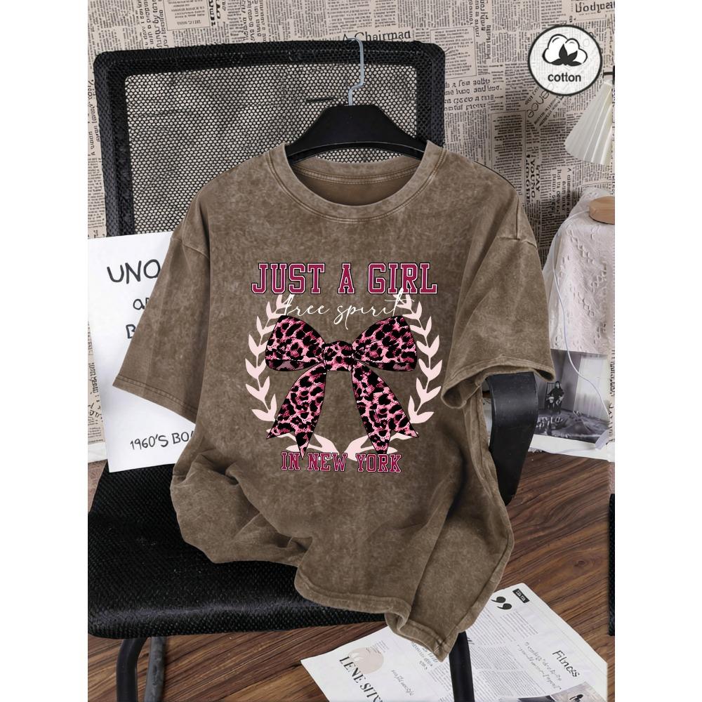 

Just A Girl New York Bow Print Womens Washed T Shirt Cotton T-Shirt Oversize Casual Short Sleeves Crewneck Streetwear 3XL