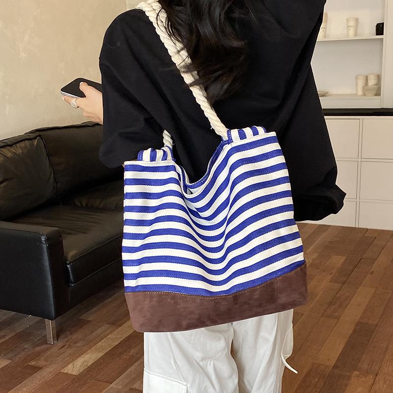Striped Tote Bag Rope Handle Casual Beach Shoulder Purse Large Capacity