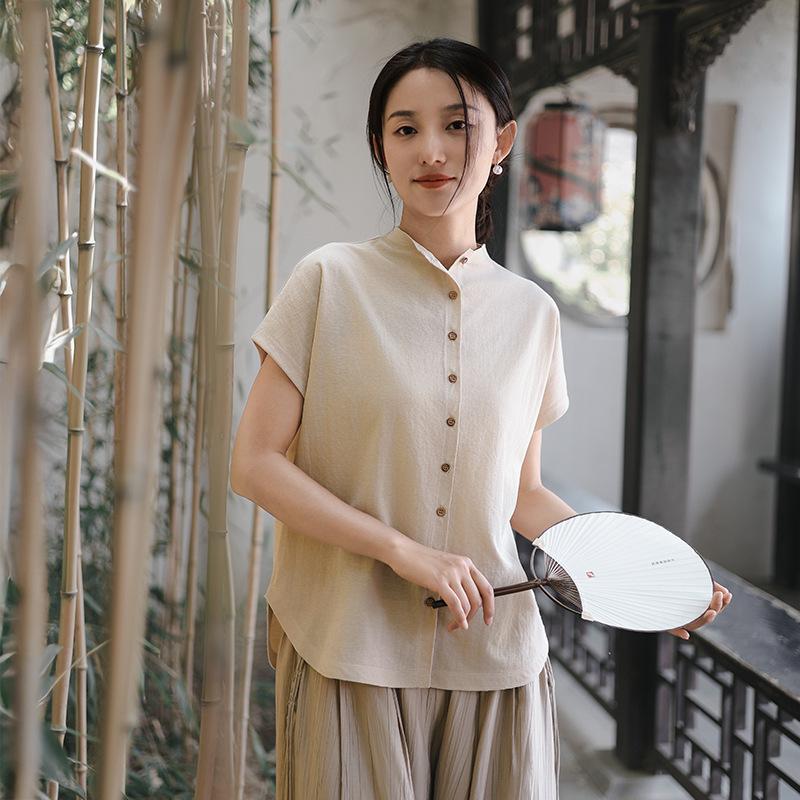 Women's 1116 Summer New Cardigan Short-sleeved Top Women's Tencel Linen Thin Versatile T-shirt