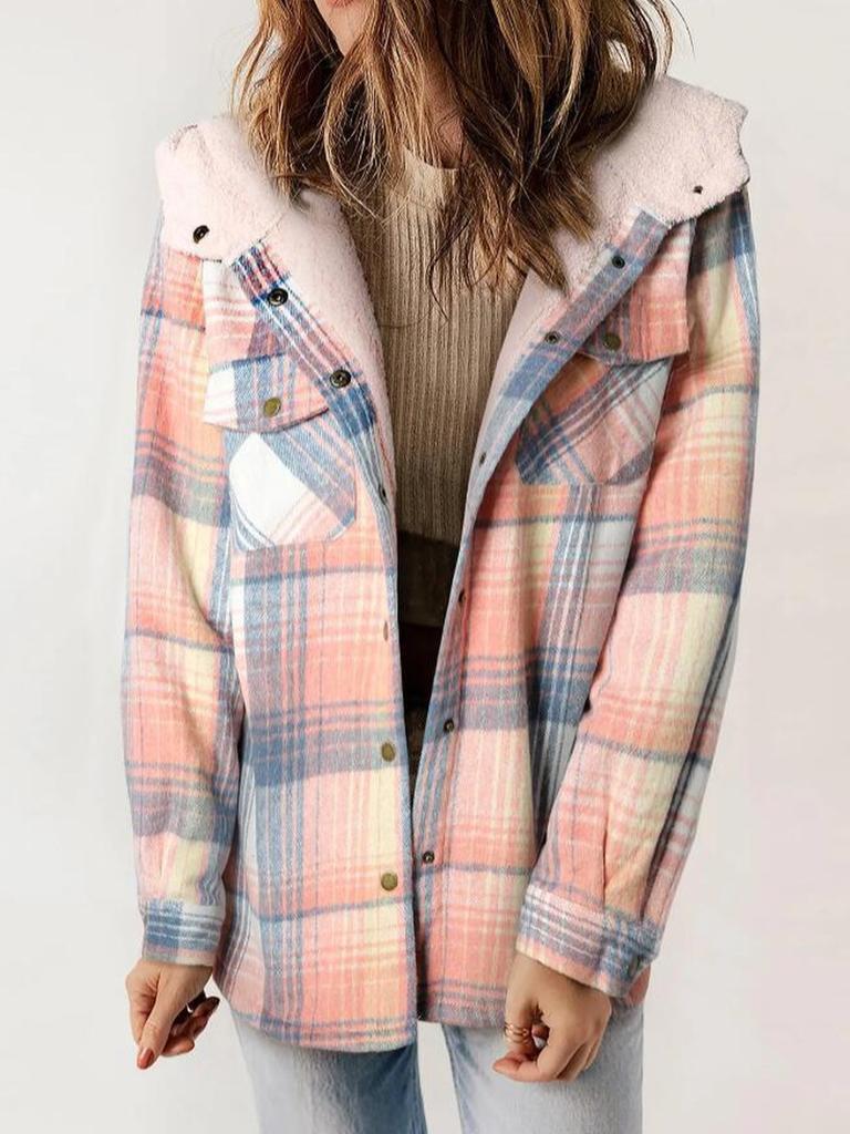 Fall Winter Women's Plaid Jacket Long Sleeve Hooded Cozy Coat with Pockets
