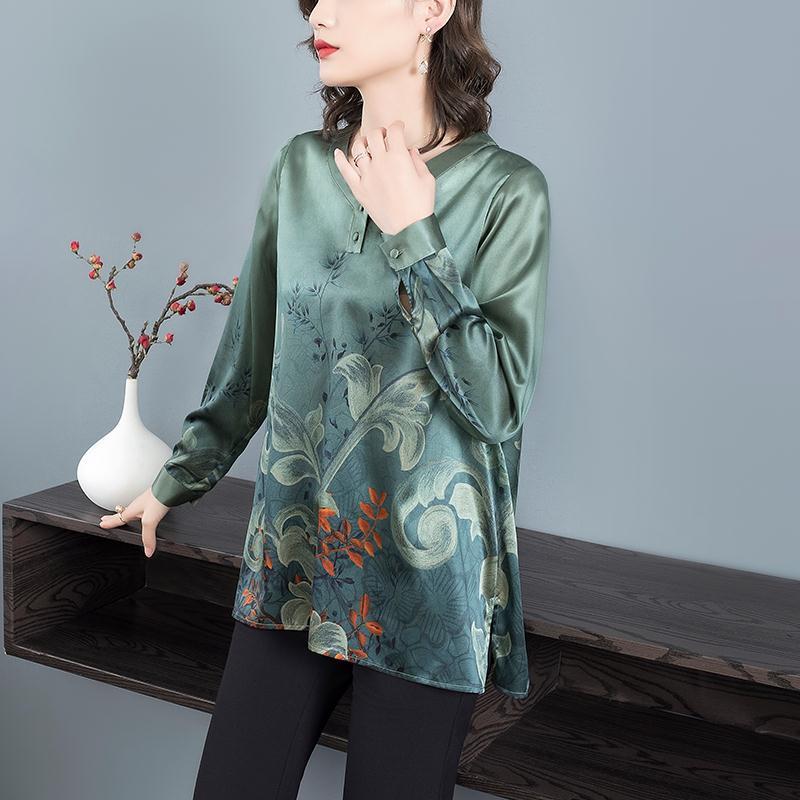 Retro Spring Women's Plus Size Silk Blouse Loose V-Neck Pullover Printed Soft Skin-Friendly Breathable Silk Blouse Top