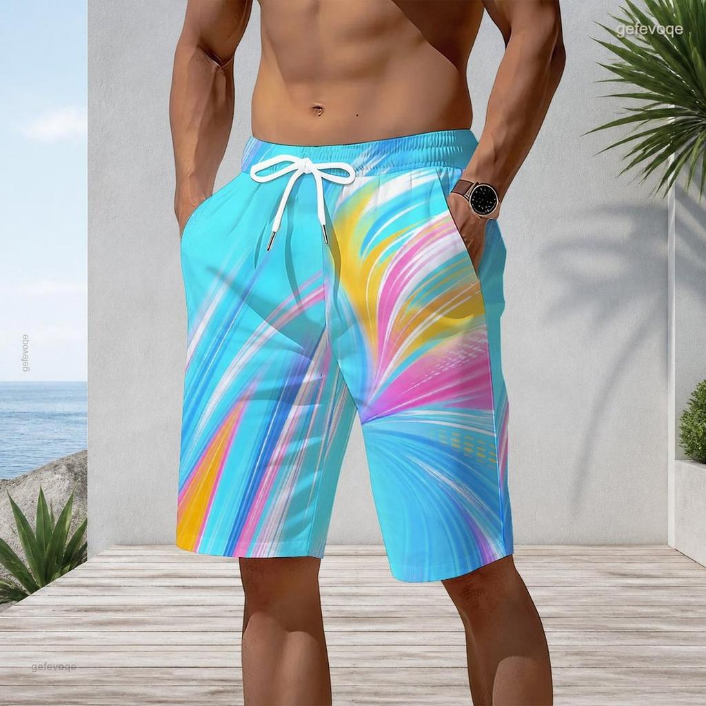 Men s Plus Size Cyan Multicolor Printed Beach Shorts Drawstring Waist Side Pockets Straight Leg