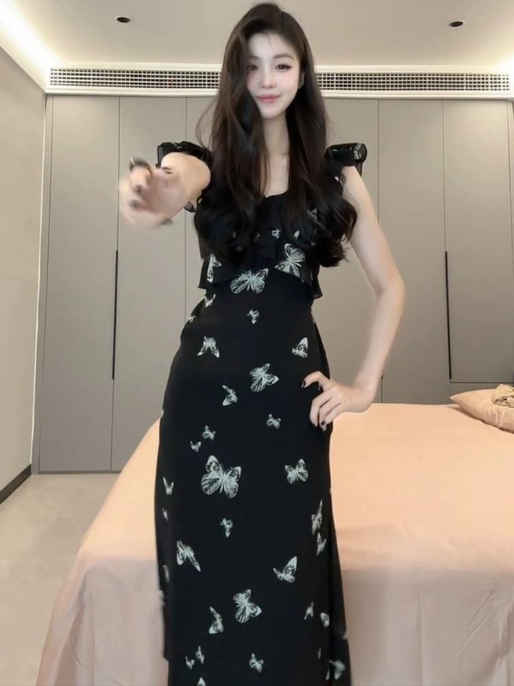 Xiaofei Sleeve Black Floral Dress Children's Summer 2026 New Pear-shaped Figure French Thin Waist Dress