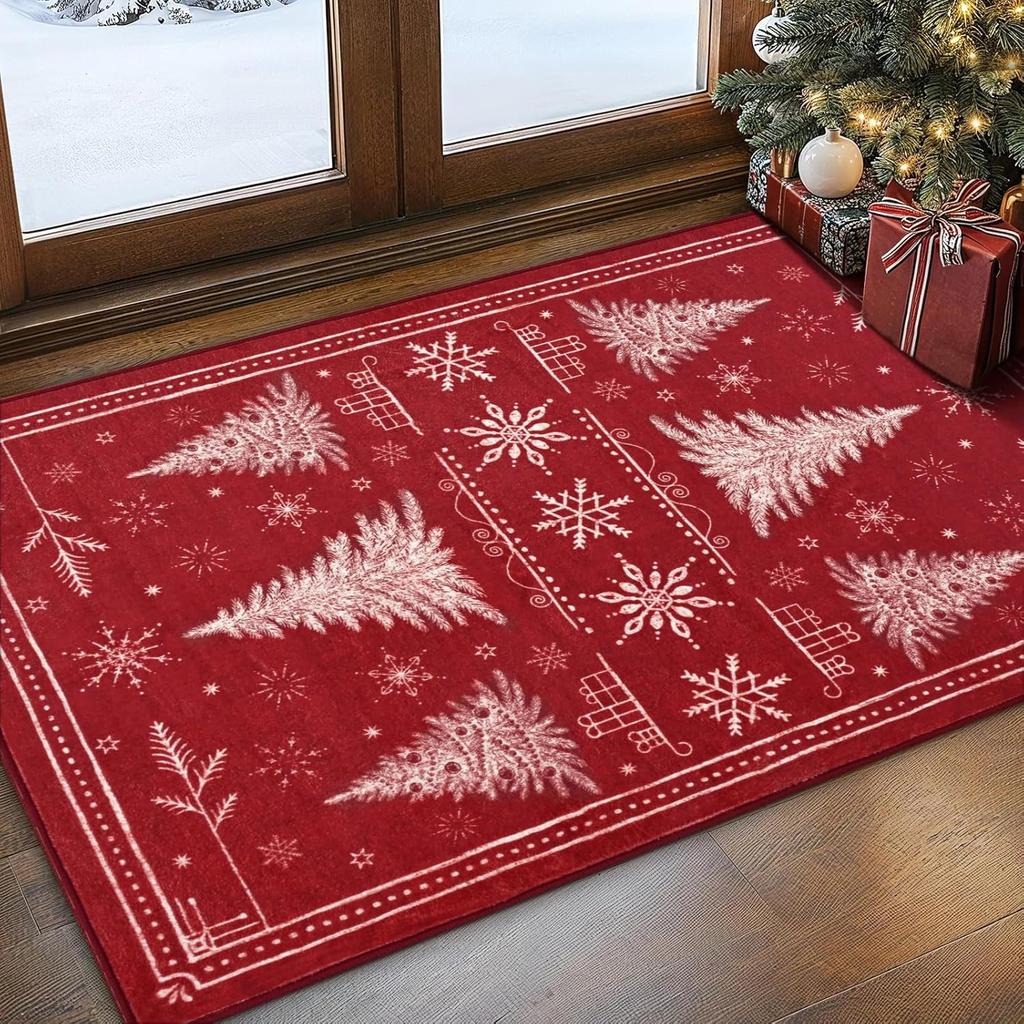Christmas Area Rugs for Living Room, Xmas Tree Washable Rug Non-Slip Rugs for Bedroom, Snowflake Soft Large Floor Carpet for