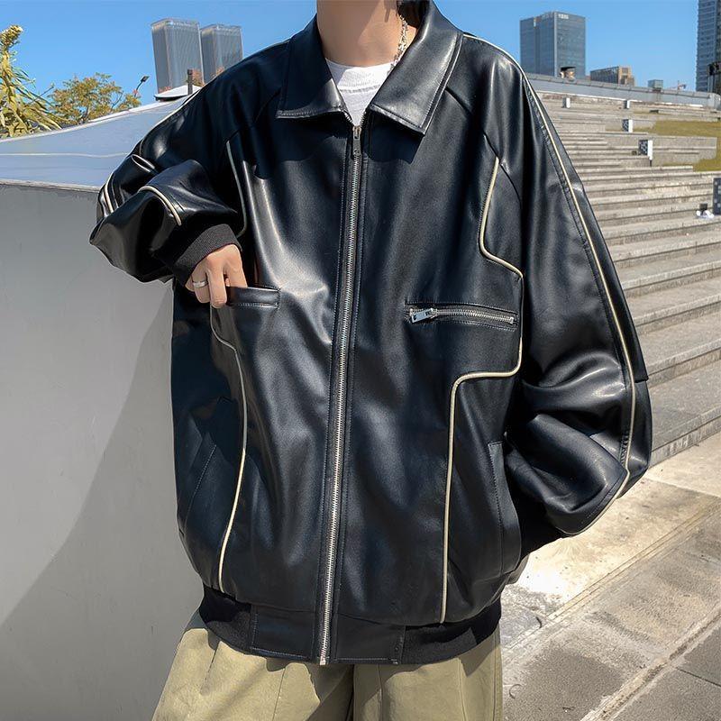 Spring and Autumn Leather Jacket Men's PU Leather Jacket Ruffian Handsome Casual Retro Locomotive Port Style Trend Handsome Trend Jacket
