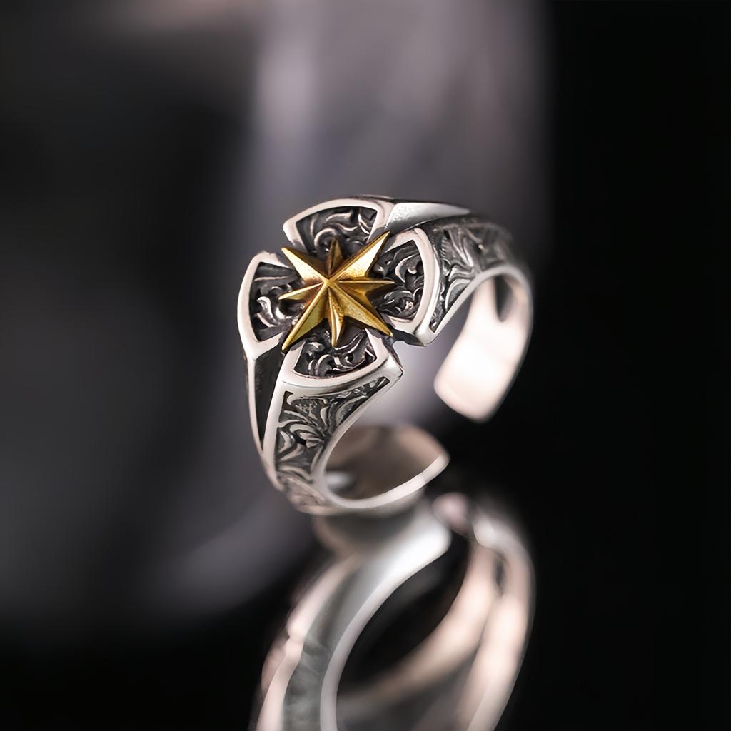 Retro Polaris North Star Adjustable Open Ring For Men Punk Gothic Edgy Copper Zircon Unisex Accessories Good Fortune Love Gift