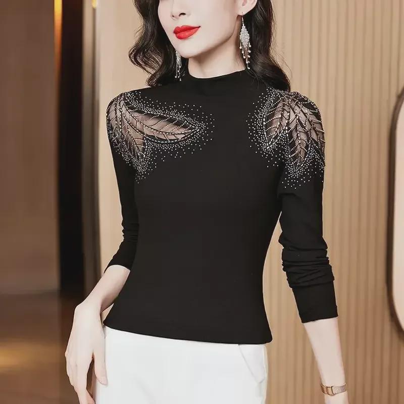 

Женский осенний черный ромбовидный трикотажный свитер с полуводолазкой M чёрный