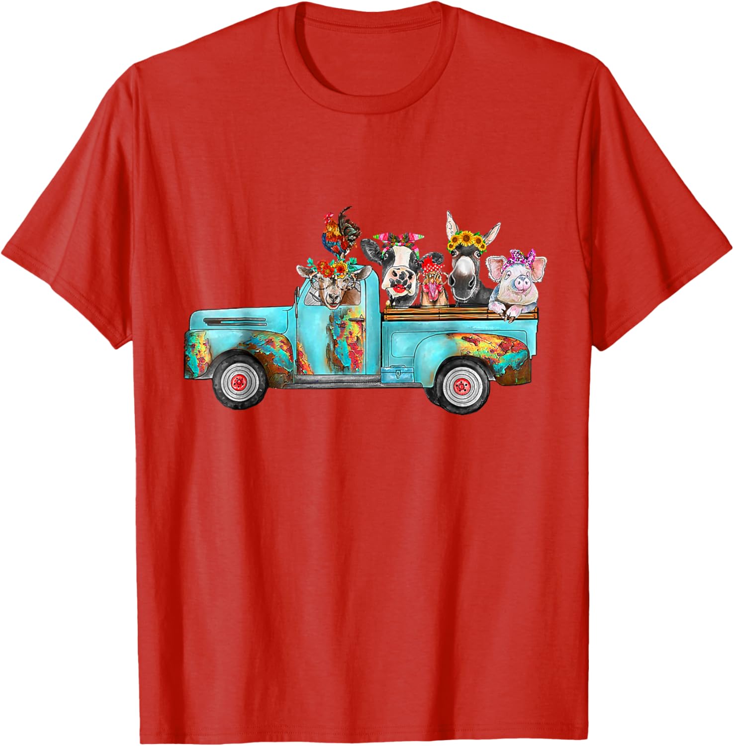 Farm Animals in Vintage Pickup Truck Graphic Tee Cotton Casual Crew Neck T-Shirt for Daily Wear S