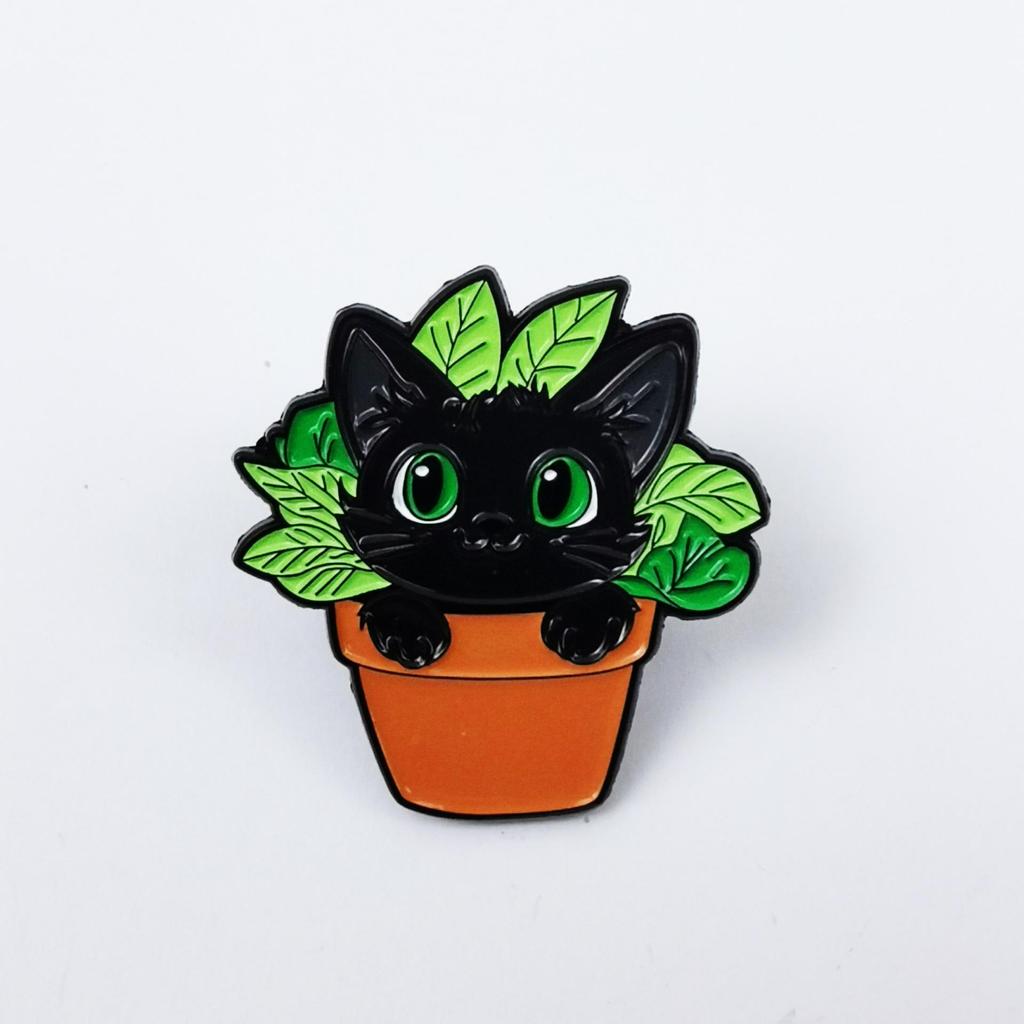 Cute Black Cat Potted Plant Brooch - Cartoon Animal Alloy Accessory for Backpacks & Clothing