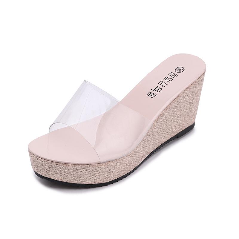 Fashion Low House Slippers Platform Shoes Luxury Slides Transparent Heel On A Wedge Designer Flat Sexy Fabric PU Rubber Bling Shoes Slip