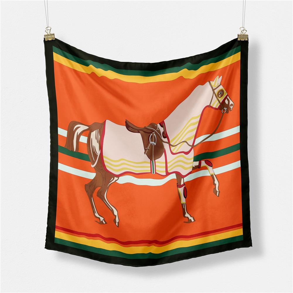 53cm Brand Square Scarf Women Design Horse Luxury Silk Scarf Bandana Headband Fashion Hijab Neckerchief For Ladies 2024 New