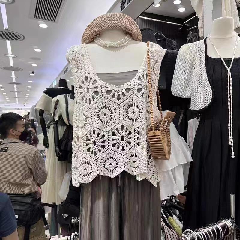 T-Shirt Women Knitting Lace Vest O-Neck Hollow Summer Style Basic Tops Tees Loose Clothing