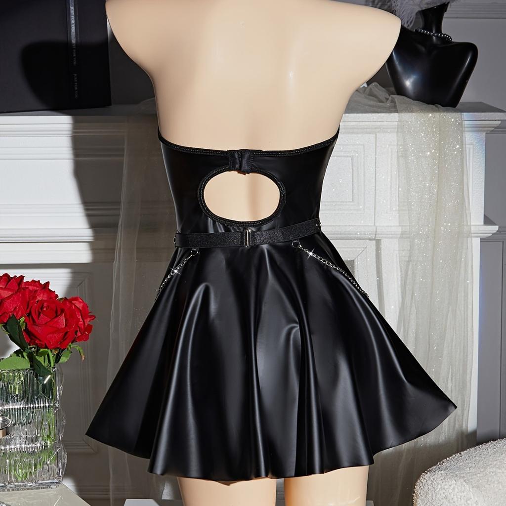 Sexy Leder-Dessous-Einteiler mit Handgelenk-Kettenknopf, sexy Unterwäsche