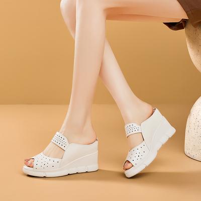 Leather Thick-soled Wedge Heel Fish Mouth Sandals Women's New Inner Height-increasing Sandals Hollow and Breathable Versatile Cool Leather Shoes Women