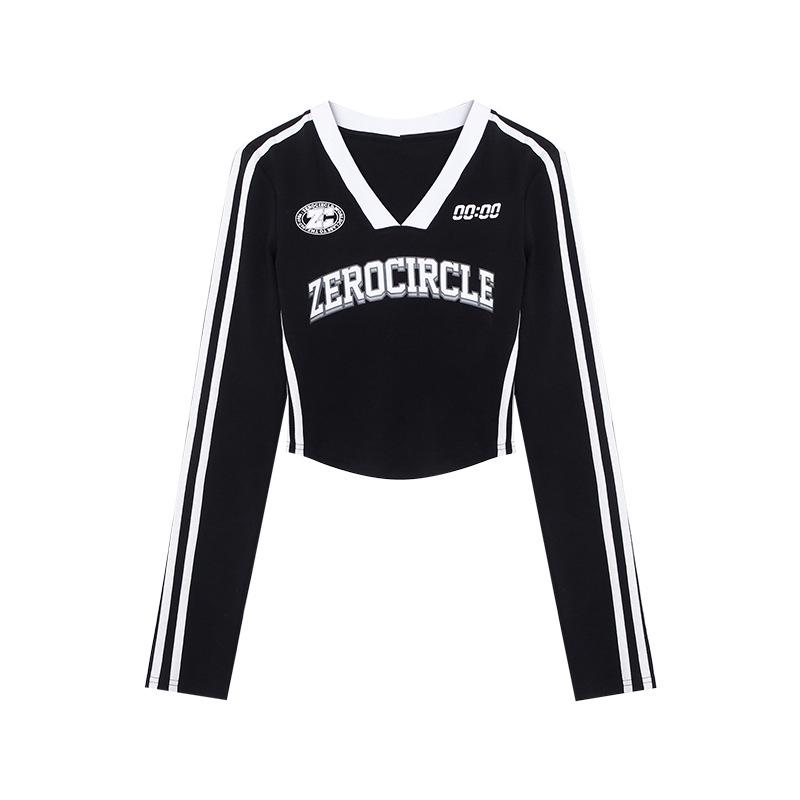 

Женский топ с V-образным вырезом в американском ретро-стиле с длинным рукавом - Черно-серый, приталенный крой, модный весенне-осенний стиль. M чёрный