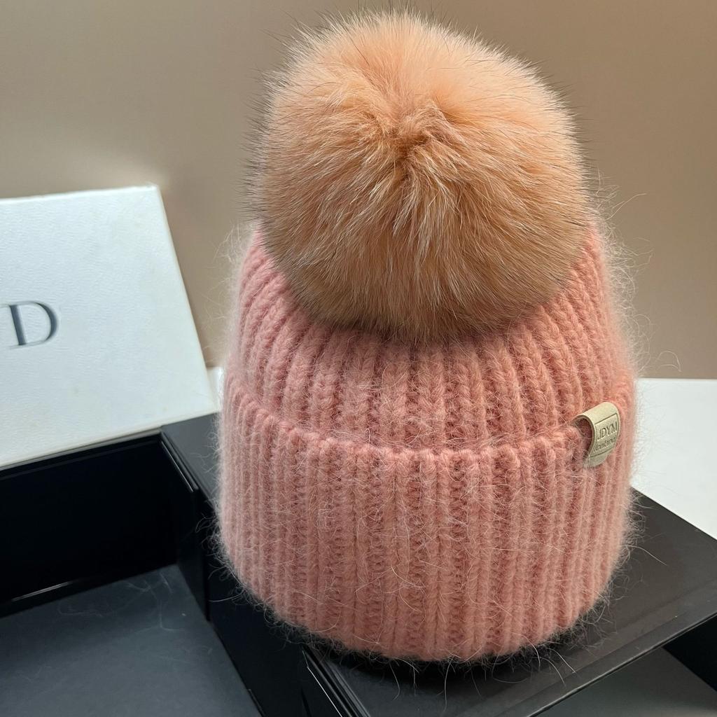 Flowers and Junior Star Rabbit Hair Knitted Hat Icelandic Fox Hairball Ear Protector Winter Thickened Warm Wool Hat