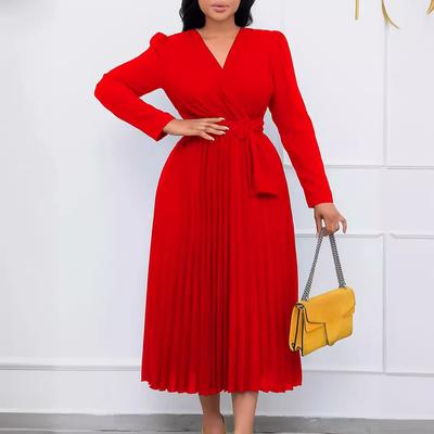 Short-sleeved Women's New Long-sleeved Lace-up Solid Color V Slim Pleated Plus Size Dress