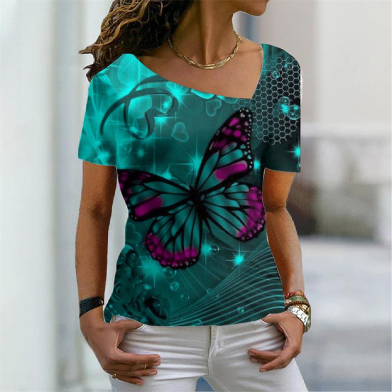 

Женская футболка с цифровым принтом в виде листа, летняя футболка Harajuku с коротким рукавом, модная, сексуальная, с косым вырезом, уличная, удобная, женская, повседневная 8XL