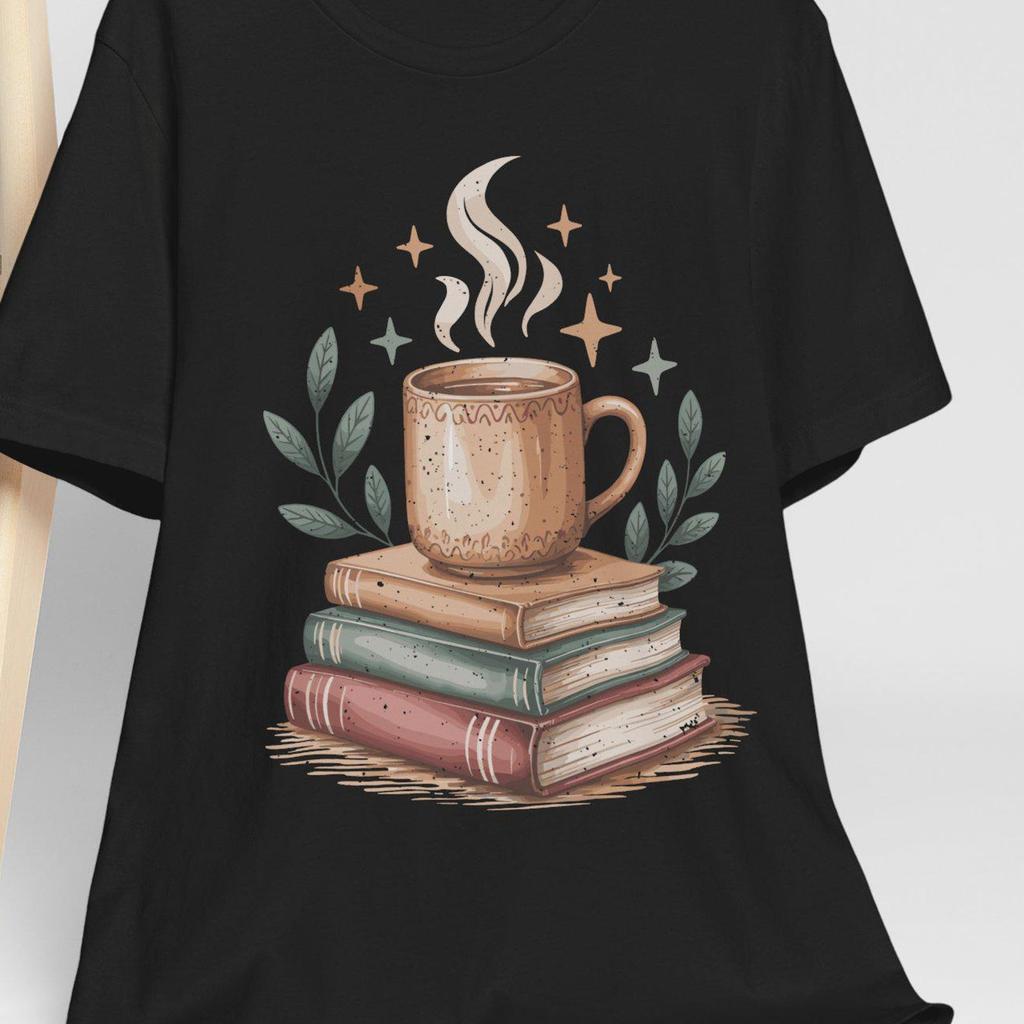 Cozy Coffee and Books Shirt, Cottagecore Reading Tee, Book Lover Gift, Hygge Aesthetic T-Shirt, Vintage Literary Fan Apparel
