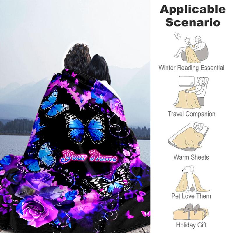 1PC Custom Name Butterflies Roses Fantasy Flannel blankets Patterns Throw Blanket All-Season Soft Gift for Couch, Bed, Camping gifts