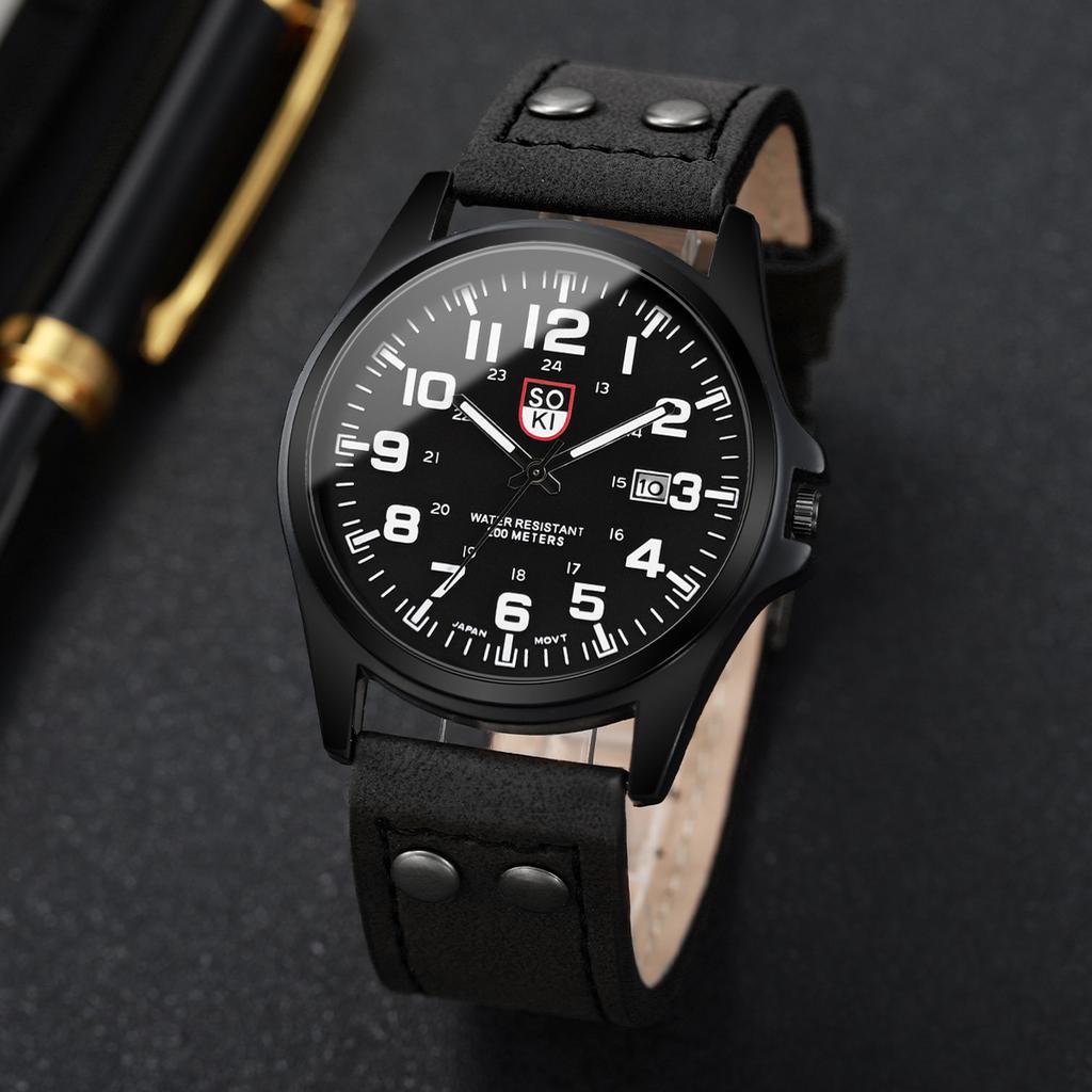 Modische Herren-Quarzuhr mit arabischem Zifferblatt, lässiges Lederarmband, Herren-Kalender-Sportuhren