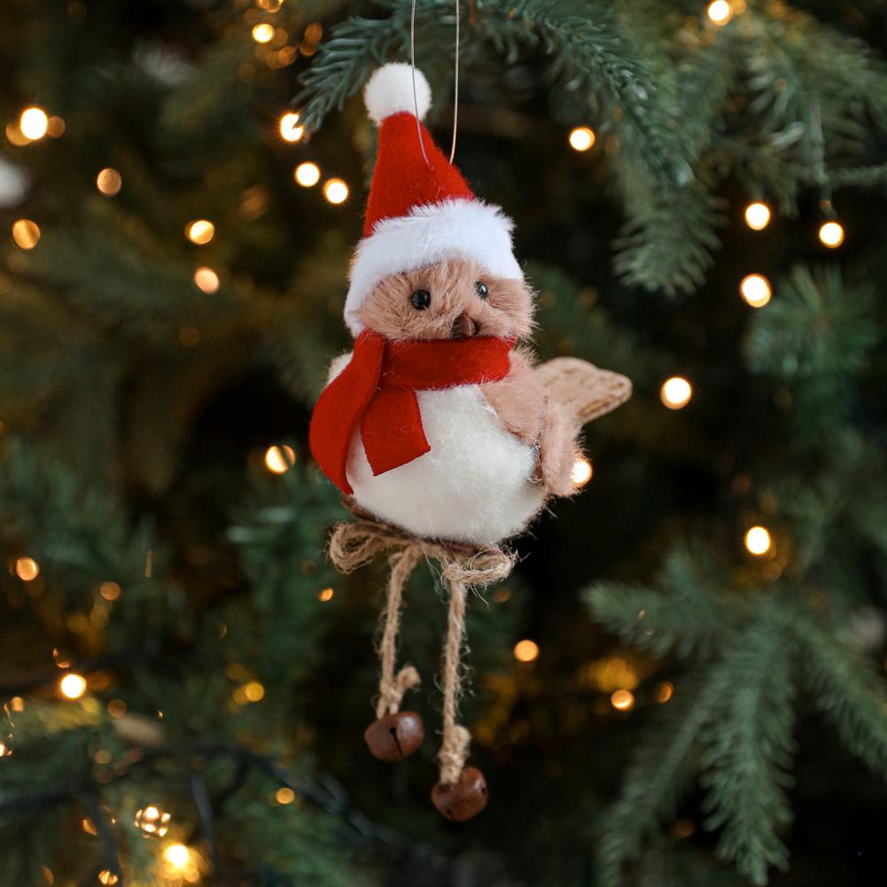 Cute Fluffy Plush Bird Christmas Tree Ornament Furry Foam Bird Figurine with Red Hat And Scarf for Desk Holiday Decoration