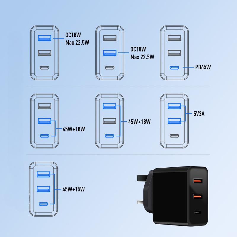 

Британский стандарт 65 Вт нитрид галлия 1C2A многопротокольная PPS зарядная головка PD45 Вт+18 Вт двойной A многопортовое независимое интеллектуальное зарядное устройство