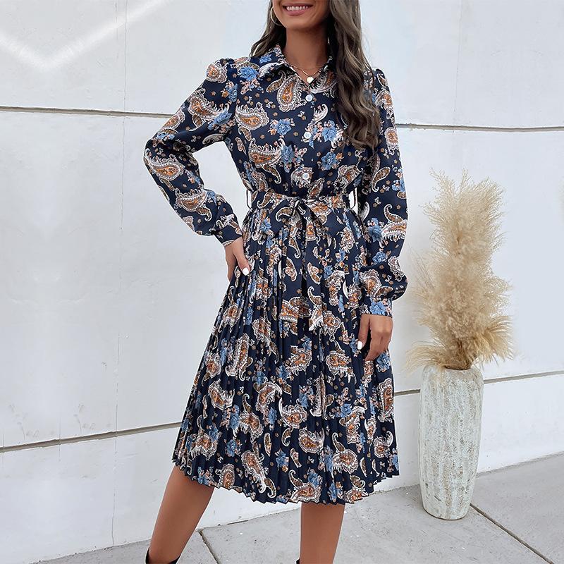 Spring Women Turn Down Collar Long Sleeve Pleated Lace Up Floral Short Chic Dress