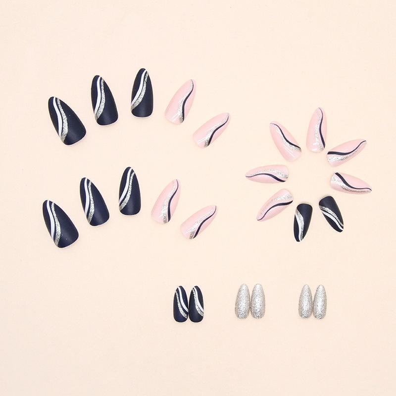 European and American ins style almond nail shiny ribbon stripes dark indigo white fake nail finished product