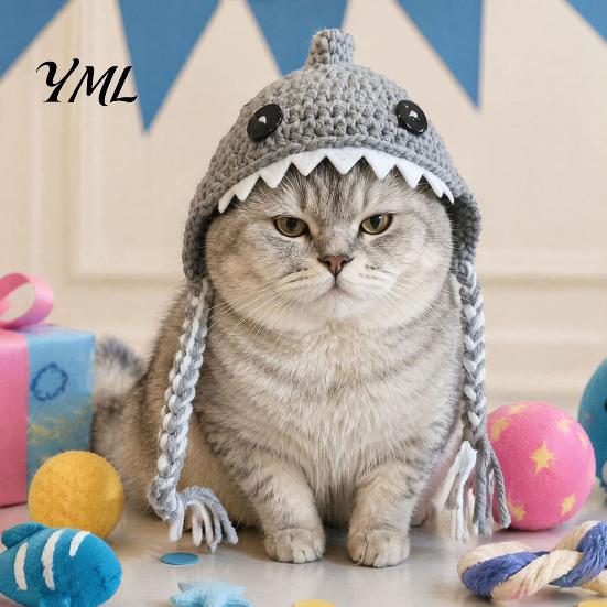 Pet Photography Props Funny Shark Cat Hat, Crocheted Hat with Braided Straps, Soft Cute Knitted for Cats Small Dogs Puppy Headwear