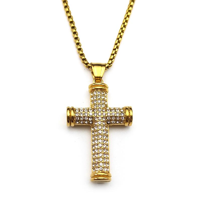 Stainless Steel Christian Rhinestones JESUS CROSS Pendant Necklaces for Women Men Gold Color Chain Amulet Necklace Jewelry