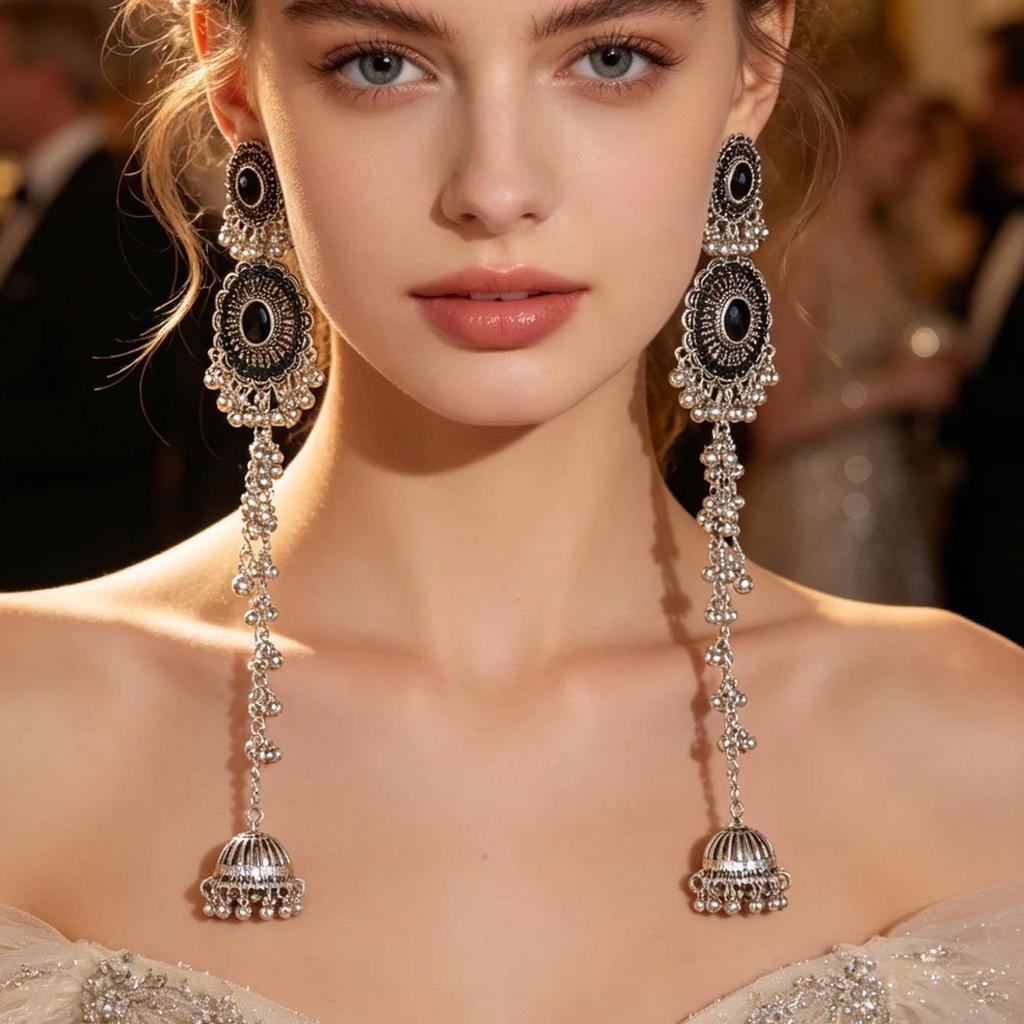 Indian Style Rhinestone Tassel Earrings with Oval Crystal