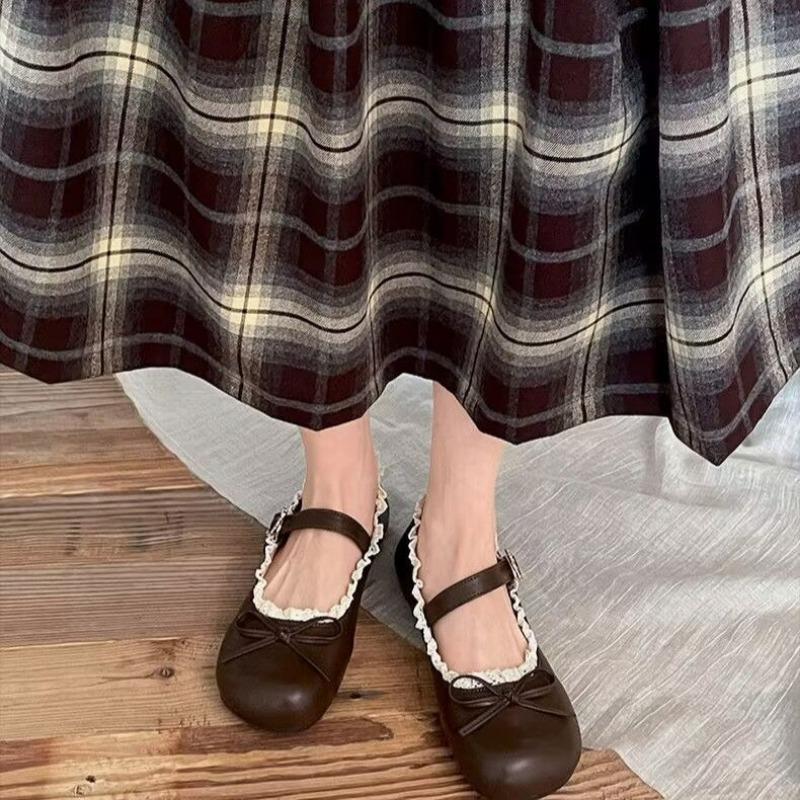 Cute Round Toe With Bow Ladies Footwear Retro Women's Flat Mary Jane Shoes Fashionable 2025 Trend Social 39 Elegant Dress Shoe