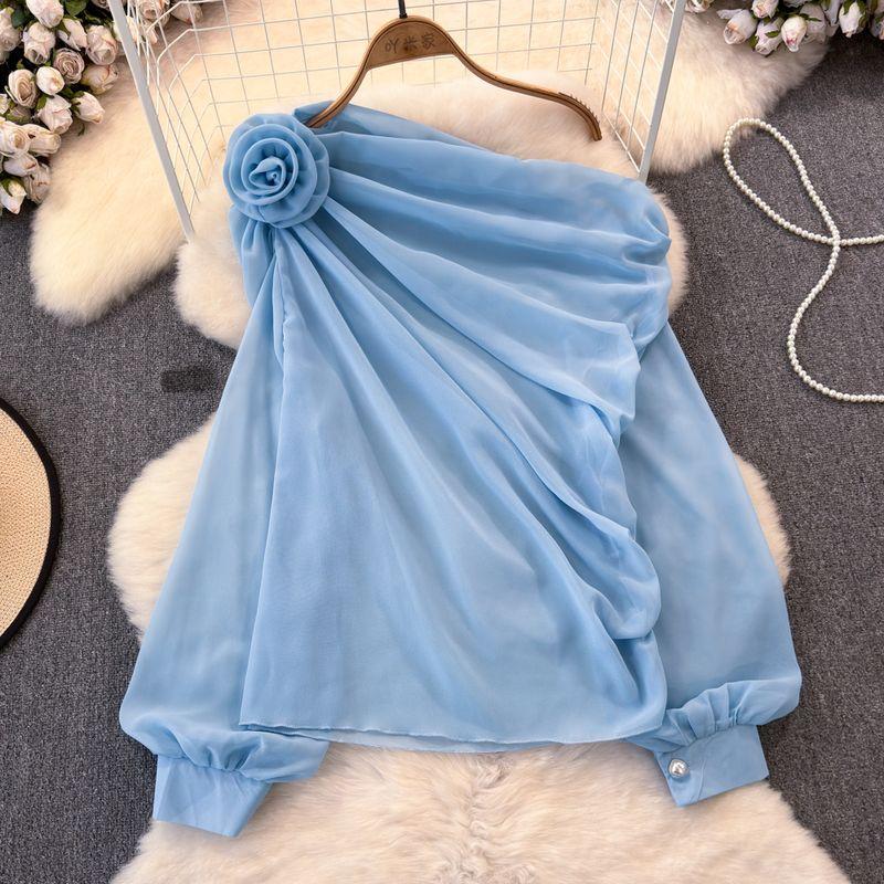 

Мода с открытыми плечами Трехмерный косой воротник Повседневные топы Цветы Blue One size