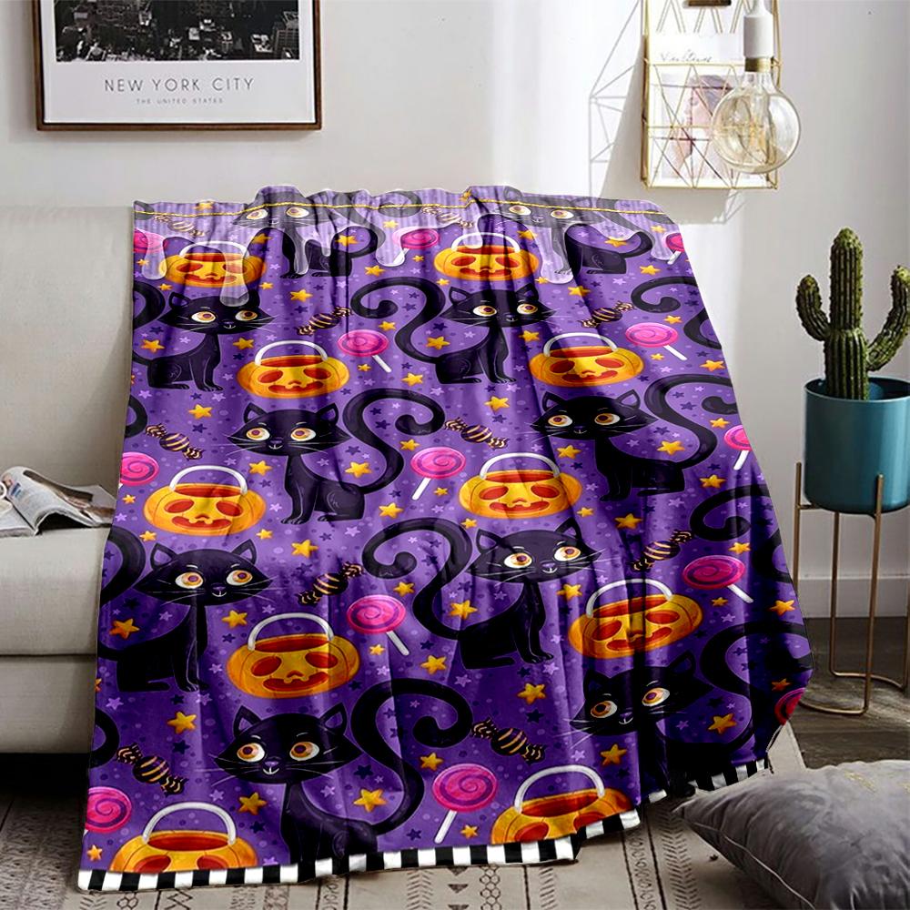 Halloween Black Cat and Candy Pattern Flannel Blanket for Bedroom, Living Room, Sofa, and Nap