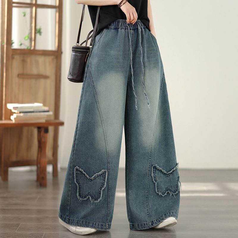 DIMANAF 2026 Summer New Plus Size Women Jeans Elastic Waist Long Pants Loose Casual Denim Cotton Trousers Blue Pants