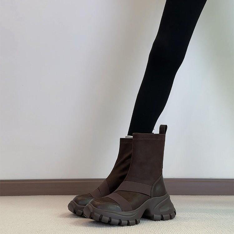 

Версия из овчины~ толстоподошвенные маффины эластичные тонкие ботильоны круглый носок ретро вставки спортивные короткие ботинки женские тонкие универсальные носки-ботинки 40