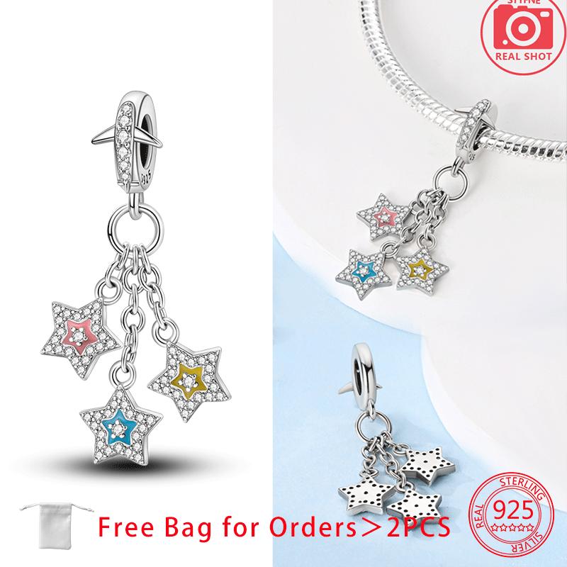 Charms Shining Zircon Moon Planet Rainbow Star Beads Copper Pendant Fit Original Bracelets Diy Women Jewelry Fine Gift