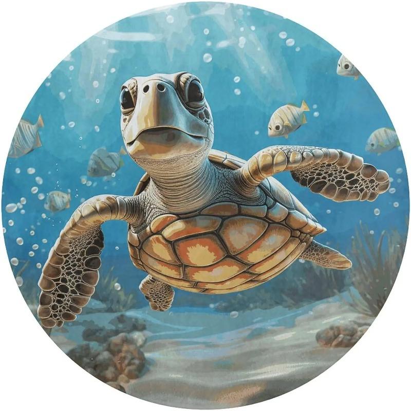 Cartoon Sea Turtle Round Rug Washable Area Rugs Indoor Circle Door Mat Soft Non-Slip Carpet for Living Room Bedroom Dining