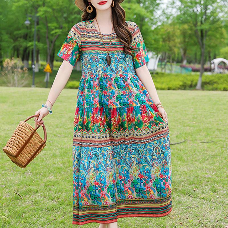 Elegant Women's Summer Dress Loose Short Sleeve Plus Size Casual Long Dresses Vintage Clothes