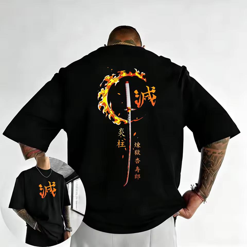 Demon Slayer Anime Rengoku Kyoujurou Printed T shirt Men's and Women's T shirt Men's Top Sports T shirt Men's T shirt Y2K Tee