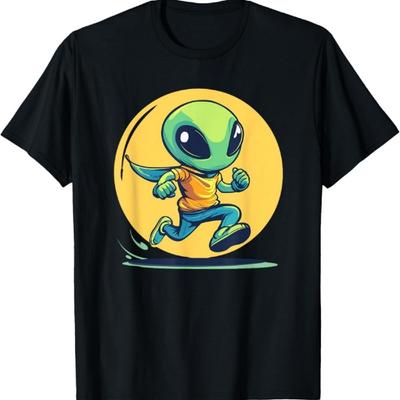 Alien Running Cartoon Character Adventure T-Shirt