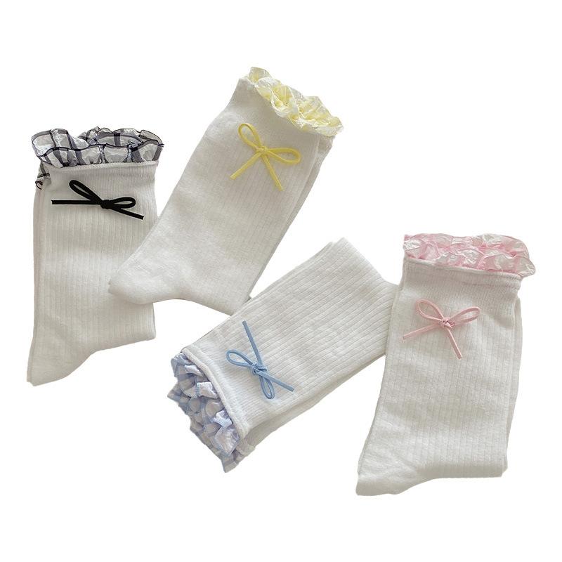 Słodkie skarpetki do połowy łydki z koronką w kratkę dla dziewczynek, cienkie, letnie, urocze dziewczynki, skarpetki frotte z kokardką, długie skarpetki