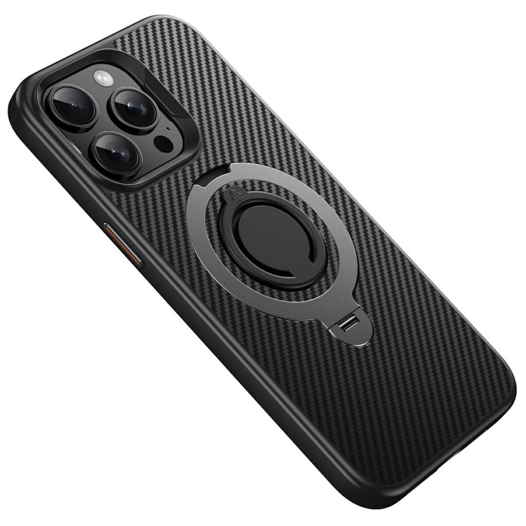 For iPhone 13 Pro Case Compatible with MagSafe Kickstand Carbon Fiber Texture PC+TPU Back Cover with Silicone Ring