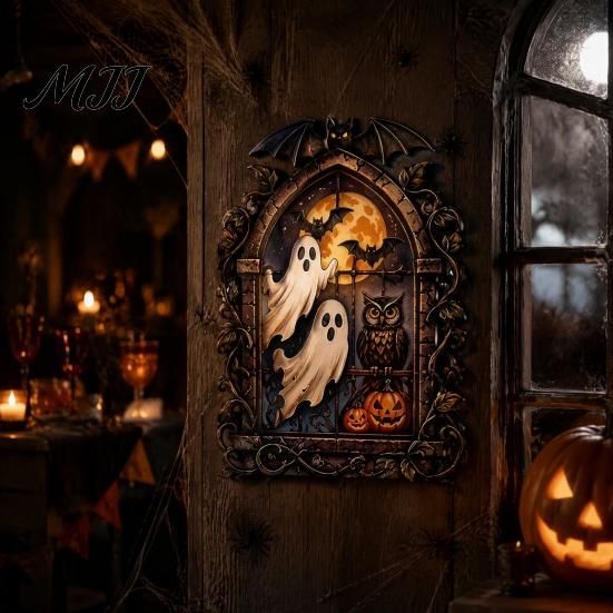 Metal Craft Party Supplies Gothic Ghost Wall Art, Vintage Bat Pumpkin Owl Hanging Plaques Sign for Living Room Bedroom Home Entrance Decor Indoor