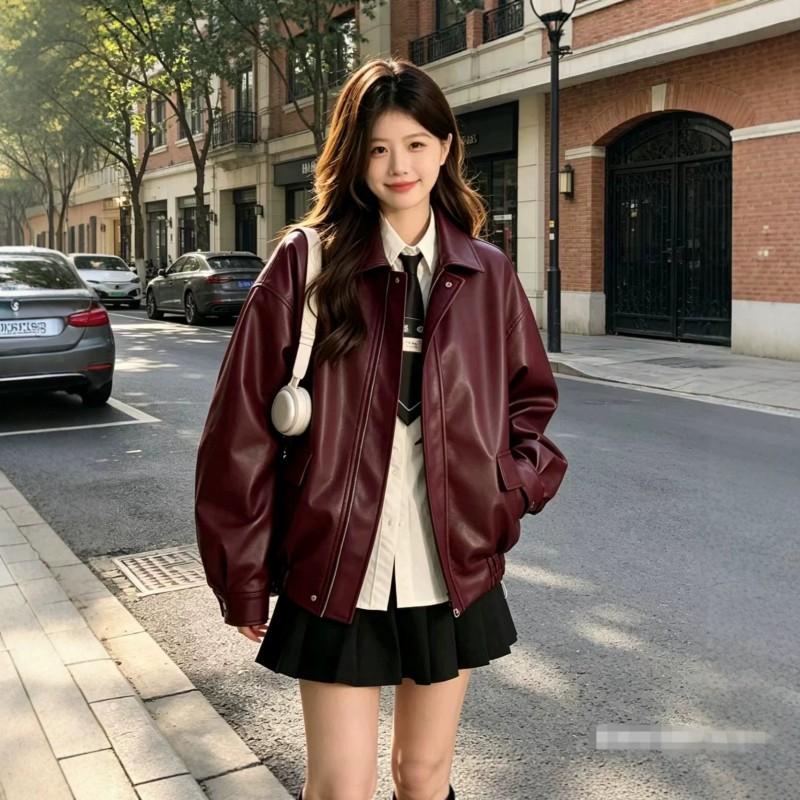 Womens Slim Fit Leather Jacket 2026 Casual Biker Style With Shoulder Epaulettes Black Wine Red Coffee Purple Olive Green