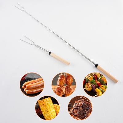 Stainless Steel Retractable Barbecue Fork Outdoor BBQU-shaped Barbecue Fork Wooden Handle Barbecue Stick Barbecue Fork Barbecue Stick